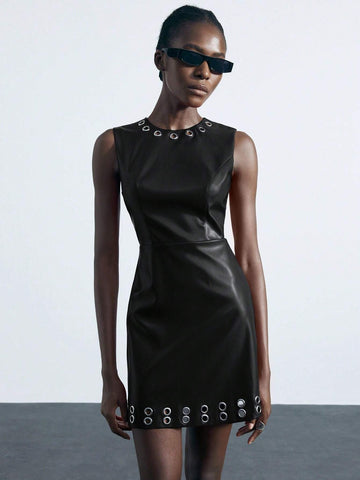 Women Solid Color Hollow Circle Decor Sleeveless Dress