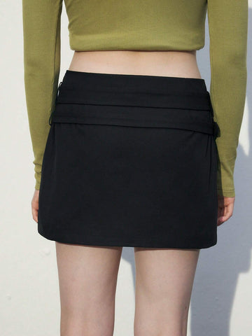 Maija Women Solid Color Waistband Eyelet Decor Casual Mini Skirt