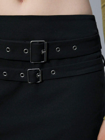 Maija Women Solid Color Waistband Eyelet Decor Casual Mini Skirt