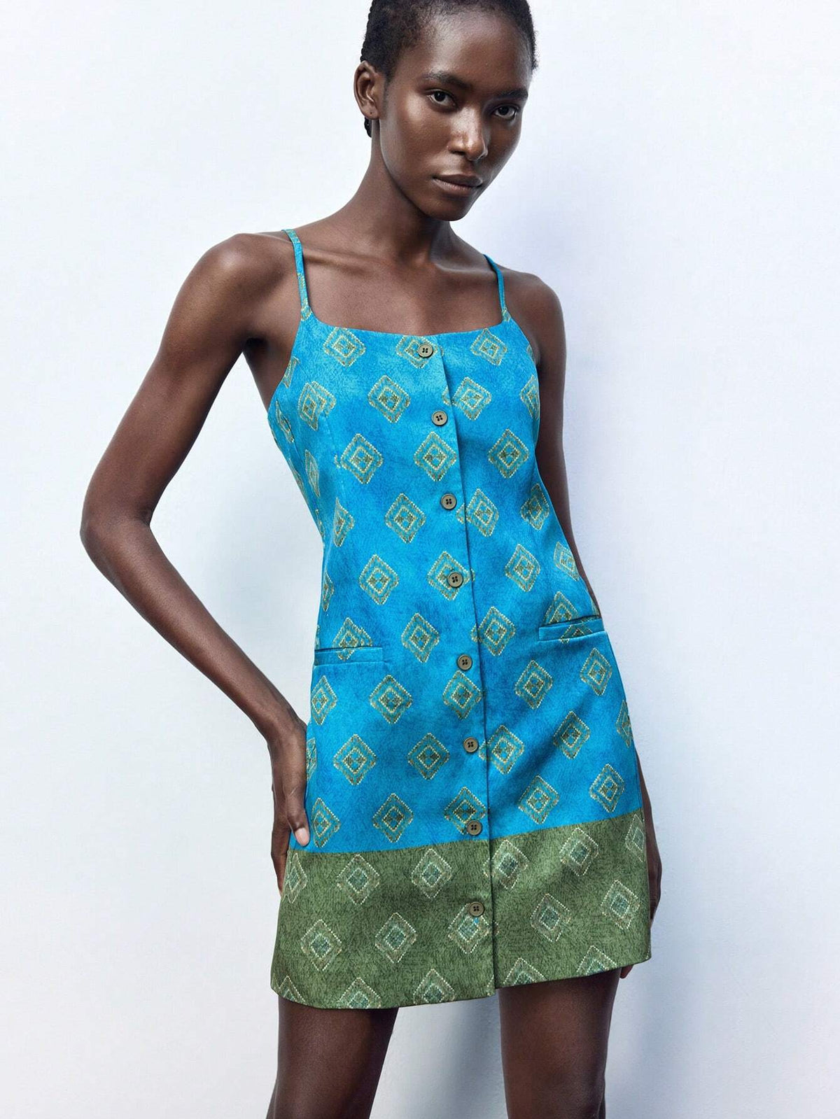 Women Summer Casual Color Block Geometric Print Button Front Camisole Dress