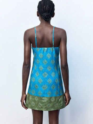 Women Summer Casual Color Block Geometric Print Button Front Camisole Dress