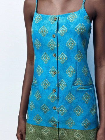 Women Summer Casual Color Block Geometric Print Button Front Camisole Dress