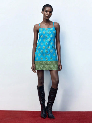 Women Summer Casual Color Block Geometric Print Button Front Camisole Dress