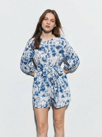 Women Tie-Dye Round Neck Lantern Sleeve Casual Loose Jumpsuit Shorts For Spring & Summer