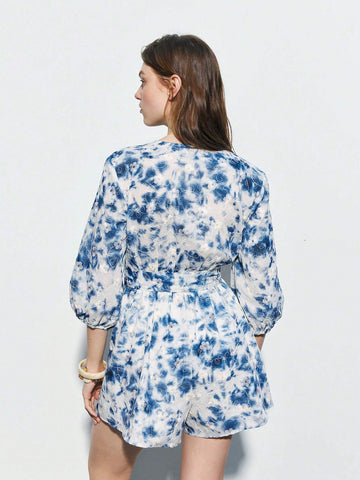 Women Tie-Dye Round Neck Lantern Sleeve Casual Loose Jumpsuit Shorts For Spring & Summer