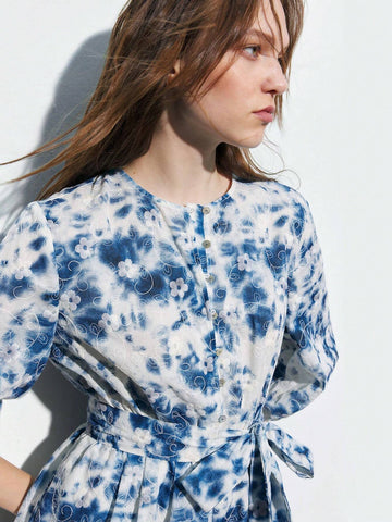 Women Tie-Dye Round Neck Lantern Sleeve Casual Loose Jumpsuit Shorts For Spring & Summer