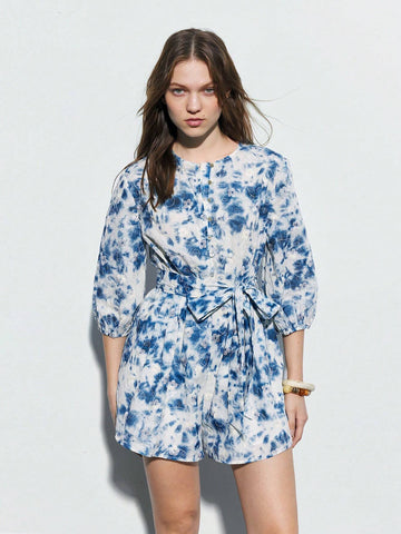 Women Tie-Dye Round Neck Lantern Sleeve Casual Loose Jumpsuit Shorts For Spring & Summer