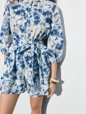 Women Tie-Dye Round Neck Lantern Sleeve Casual Loose Jumpsuit Shorts For Spring & Summer