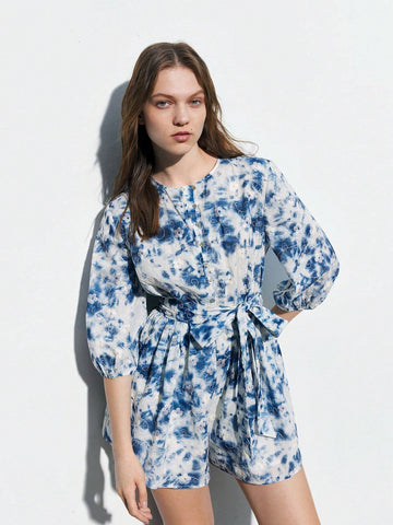 Women Tie-Dye Round Neck Lantern Sleeve Casual Loose Jumpsuit Shorts For Spring & Summer