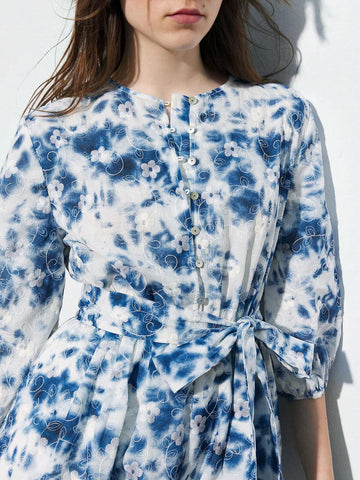 Women Tie-Dye Round Neck Lantern Sleeve Casual Loose Jumpsuit Shorts For Spring & Summer