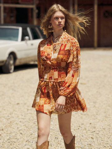 Women's All-Over Print Loose Casual Long Sleeve Short Dress