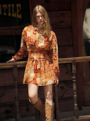 Women's All-Over Print Loose Casual Long Sleeve Short Dress
