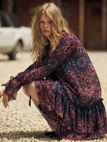 Women's Allover Print Asymmetrical Hem Casual Long Sleeve Short Dress