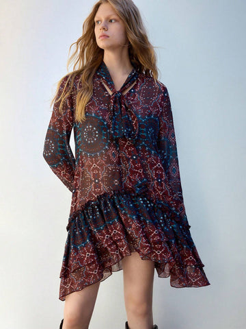 Women's Allover Print Asymmetrical Hem Casual Long Sleeve Short Dress