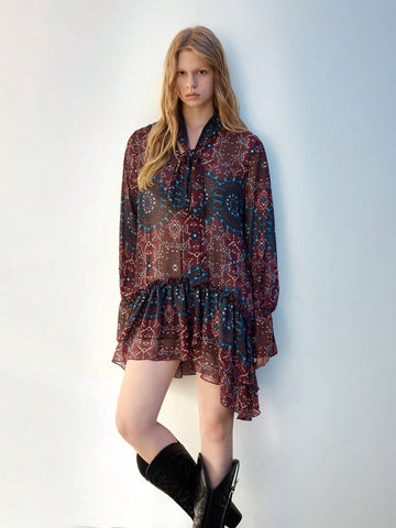 Women's Allover Print Asymmetrical Hem Casual Long Sleeve Short Dress