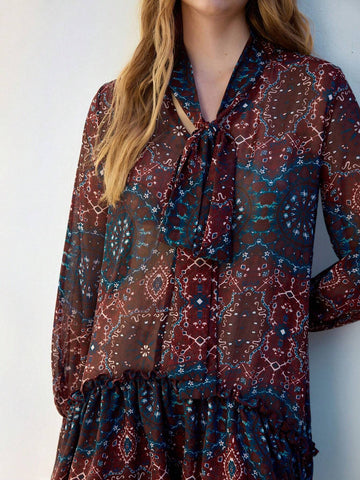 Women's Allover Print Asymmetrical Hem Casual Long Sleeve Short Dress