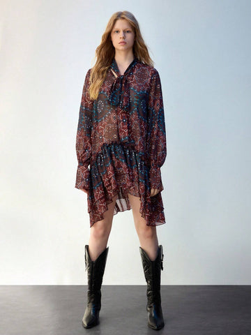 Women's Allover Print Asymmetrical Hem Casual Long Sleeve Short Dress