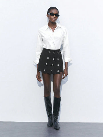 Maija Women's Asymmetric Hem Casual Skort With Faux Pearl Decor