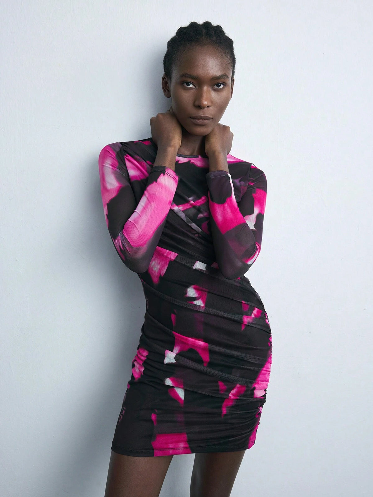 Women's Autumn Fashionable Contrast Print Mesh Pleat Bodycon Mini Dress