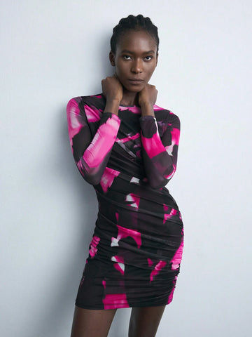 Women's Autumn Fashionable Contrast Print Mesh Pleat Bodycon Mini Dress
