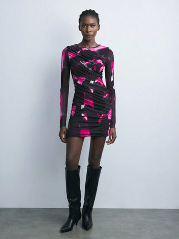 Women's Autumn Fashionable Contrast Print Mesh Pleat Bodycon Mini Dress