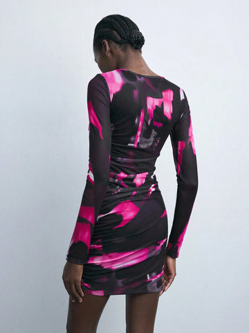 Women's Autumn Fashionable Contrast Print Mesh Pleat Bodycon Mini Dress