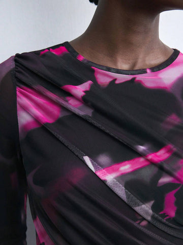 Women's Autumn Fashionable Contrast Print Mesh Pleat Bodycon Mini Dress