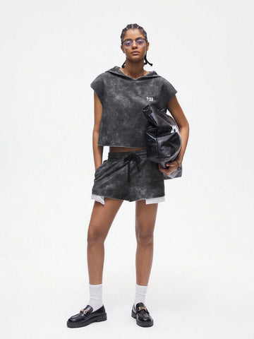 Women's Batwing Sleeve Hooded Top And Front Tie Shorts 2pcs Set