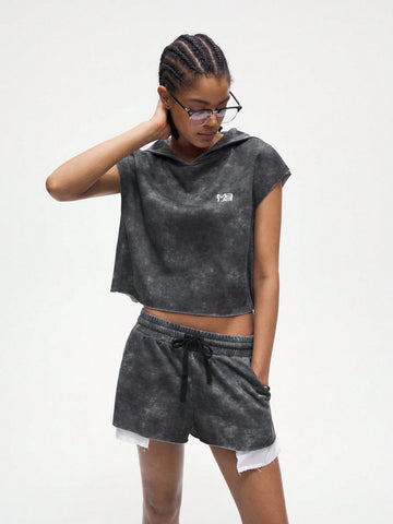 Women's Batwing Sleeve Hooded Top And Front Tie Shorts 2pcs Set