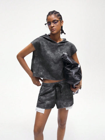 Women's Batwing Sleeve Hooded Top And Front Tie Shorts 2pcs Set