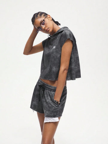 Women's Batwing Sleeve Hooded Top And Front Tie Shorts 2pcs Set