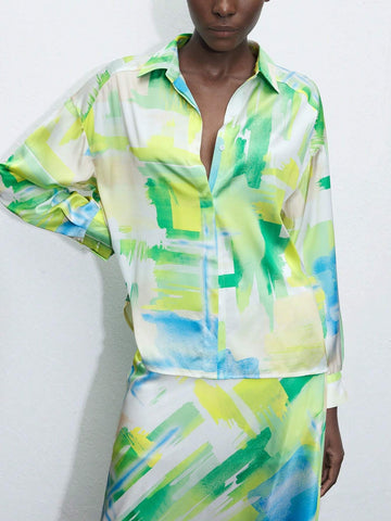 Maija Women's Button-Down Shirt With Random Printed Pattern, Long Sleeve