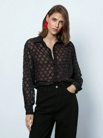 Maija Women's Button Down Long Sleeve Mesh Plaid Slim Elegant Black Shirt