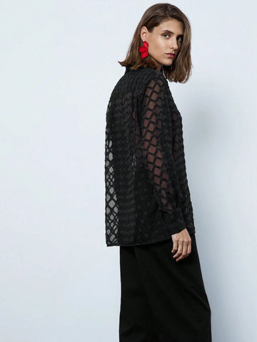 Maija Women's Button Down Long Sleeve Mesh Plaid Slim Elegant Black Shirt