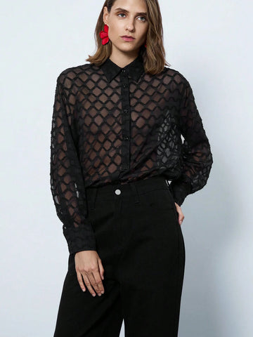 Maija Women's Button Down Long Sleeve Mesh Plaid Slim Elegant Black Shirt