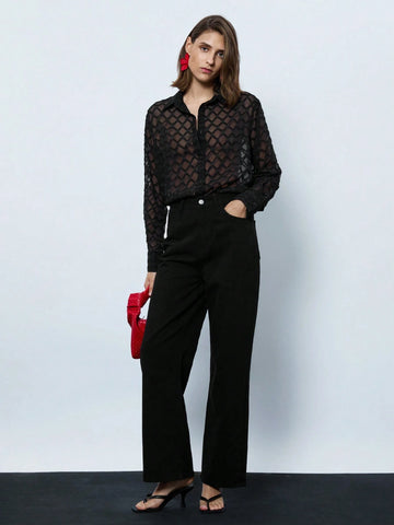 Maija Women's Button Down Long Sleeve Mesh Plaid Slim Elegant Black Shirt