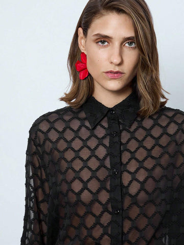 Maija Women's Button Down Long Sleeve Mesh Plaid Slim Elegant Black Shirt