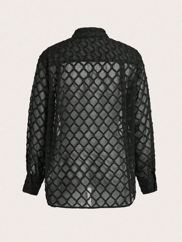 Maija Women's Button Down Long Sleeve Mesh Plaid Slim Elegant Black Shirt