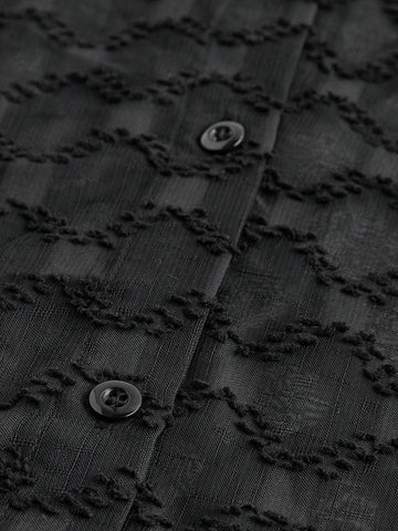 Maija Women's Button Down Long Sleeve Mesh Plaid Slim Elegant Black Shirt