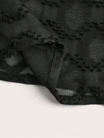 Maija Women's Button Down Long Sleeve Mesh Plaid Slim Elegant Black Shirt