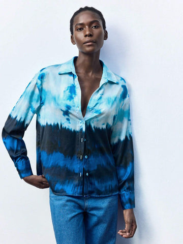 Maija Women's Button Front Long Sleeve Allover Floral Print Blouse, Casual Daily Wear