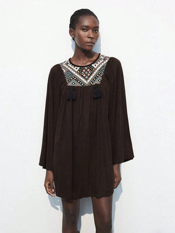 Women's Casual Geometric Jacquard Patchwork Flare Sleeve Mini Dress, Autumn
