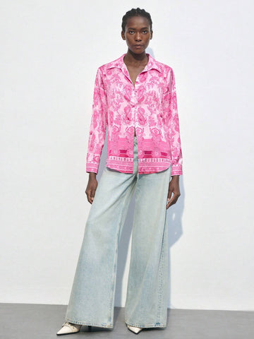 Maija Women's Casual Loose Fit Paisley Floral Print Long Sleeve Shirt