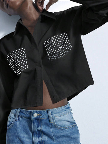 Maija Women's Diamond Embellished Cut-Out Front Shirt, Fashionable For Autumn