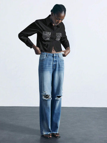 Maija Women's Diamond Embellished Cut-Out Front Shirt, Fashionable For Autumn