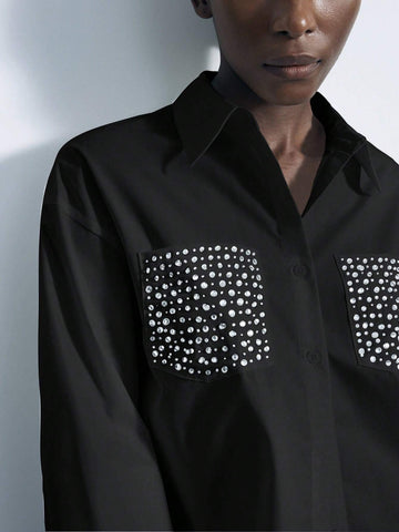 Maija Women's Diamond Embellished Cut-Out Front Shirt, Fashionable For Autumn