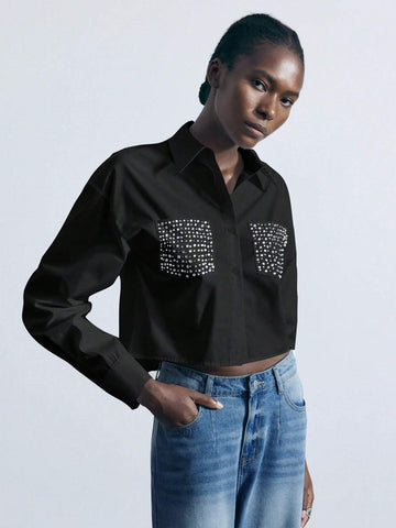 Maija Women's Diamond Embellished Cut-Out Front Shirt, Fashionable For Autumn