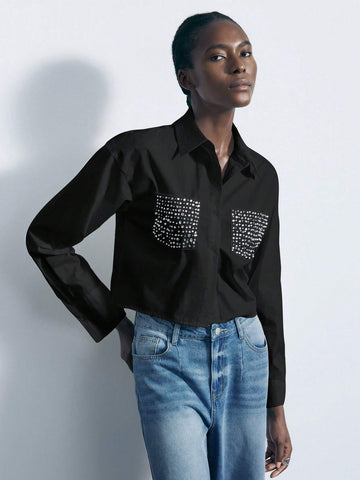 Maija Women's Diamond Embellished Cut-Out Front Shirt, Fashionable For Autumn