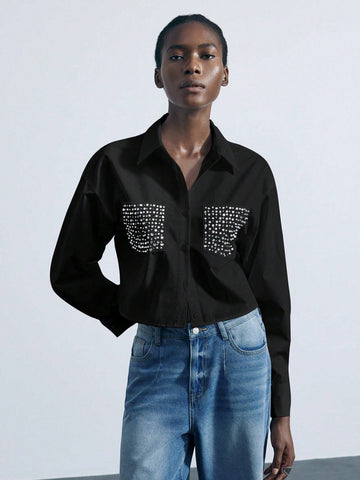 Maija Women's Diamond Embellished Cut-Out Front Shirt, Fashionable For Autumn