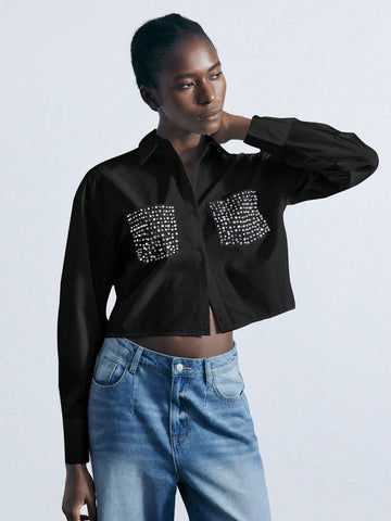 Maija Women's Diamond Embellished Cut-Out Front Shirt, Fashionable For Autumn